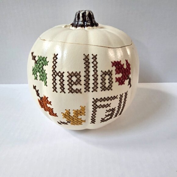 Handmade Embroidered Hello Fall Faux Pumpkin Halloween Decor Folk Art Primitive - Picture 1 of 12